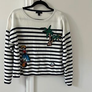 J Crew Coco Cabana Applique Striped Cotton Jersey Long Sleeve Sweater Top Size M